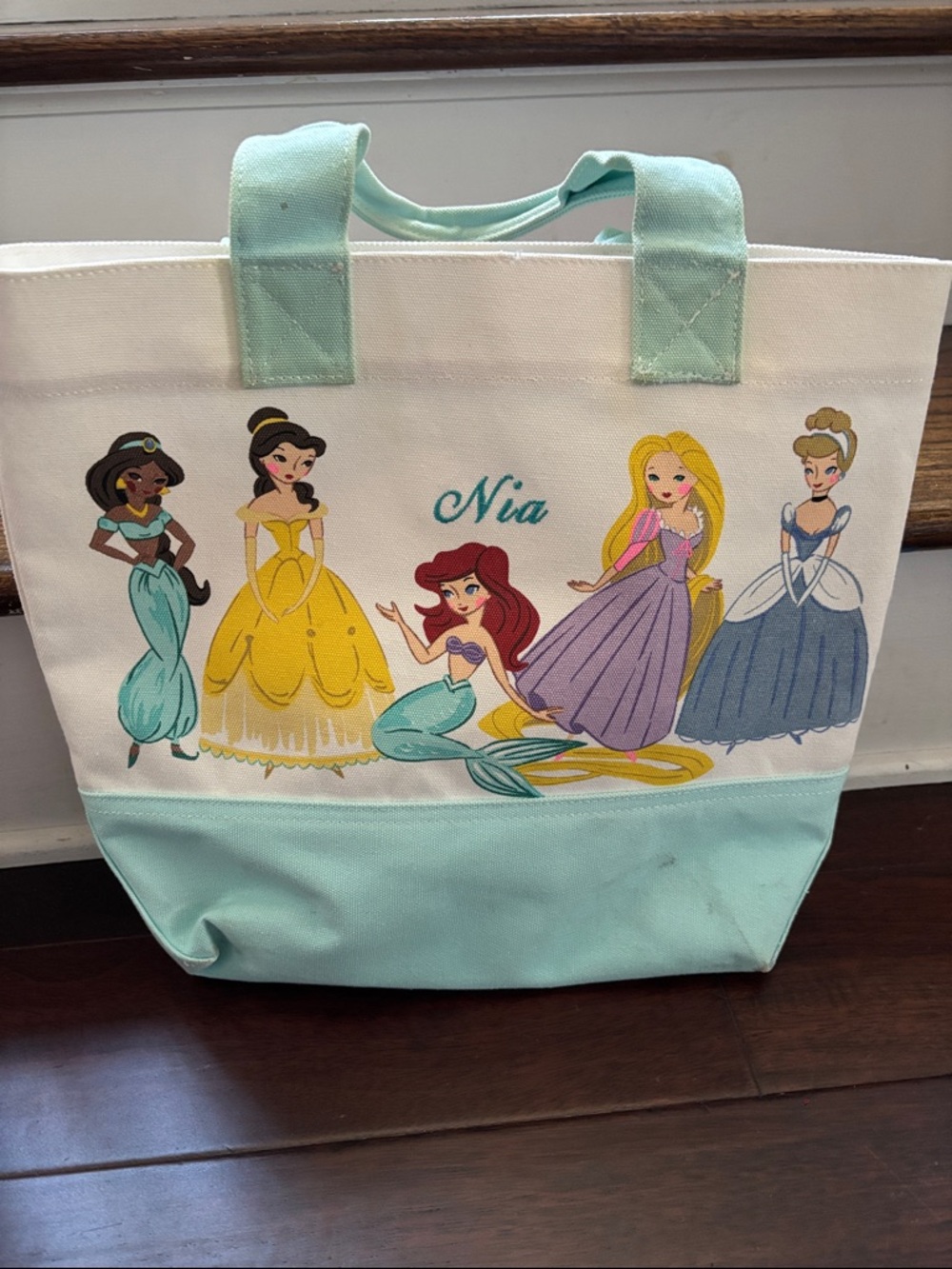 Pottery Barn Kids Personalized Disney Princess Canvas Tote Bag in Mint & White